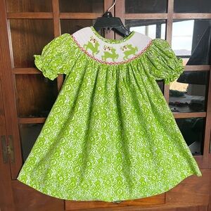 Handmade Green Dress with Deer Embroidery